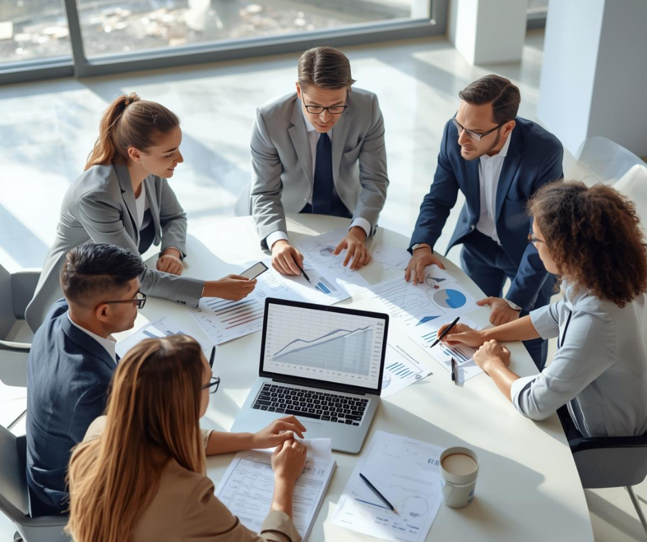 Equipo analizando gráficos y proyecciones para la planificación financiera empresarial 2026